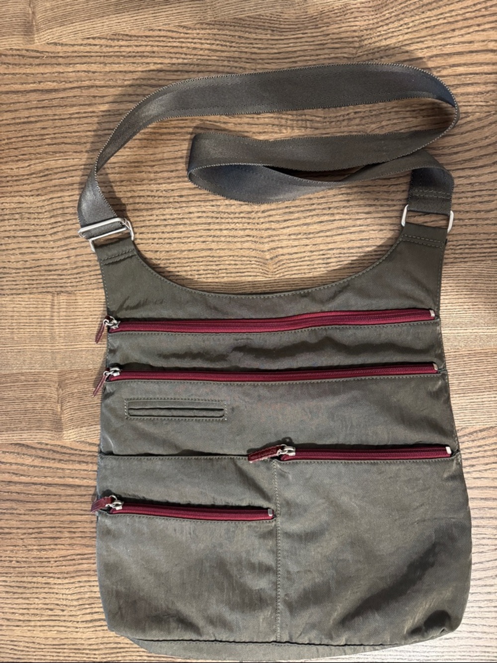 Highway Crossbody Sling Bag Olive with Burgundy zippers